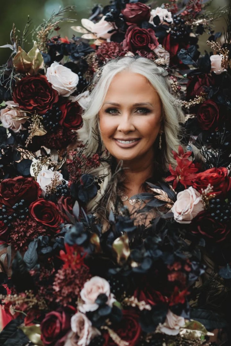 Moody bridal bouquet in burgundy, beige, black, and gold with silk flowers720-1200