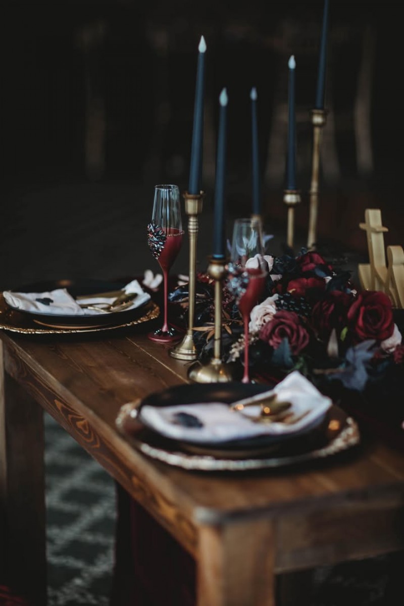 Moody floral arrangement for reception table in burgundy, beige, and gold tones720-1200