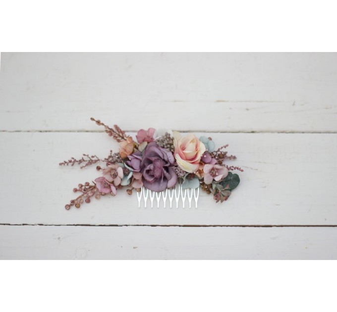 Flower comb in dusty rose purple pink color scheme. Wedding accessories for hair. Bridal flower comb. Bridesmaid floral comb. 0004