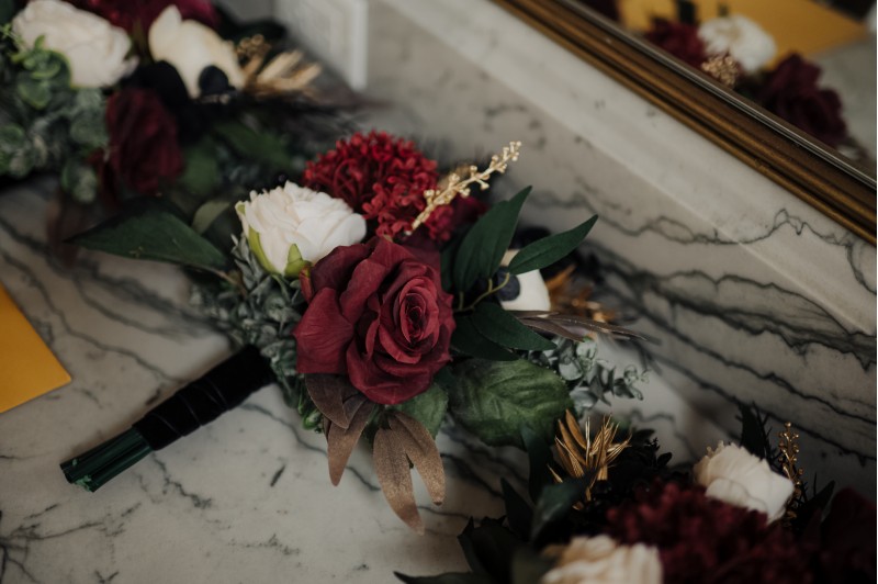 Bridesmaid bouquet in burgundy and ivory with gold accents and black roses5829-532.23537484989