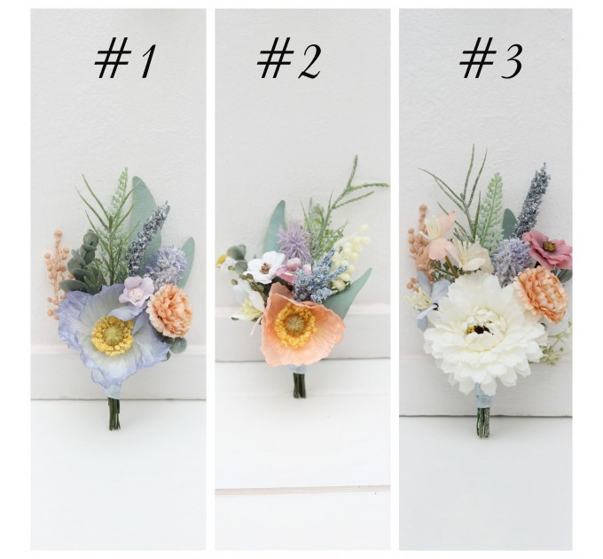 Wedding Boutonnieres & Wrist Corsage in Peach, Purple & Dusty Blue | Wildflower Faux Flower Accessories