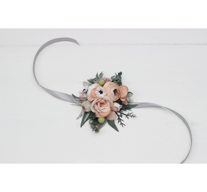 Wedding Boutonnieres & Wrist Corsage in Beige, White, Gray & Blush Pink | Faux Flower Accessories