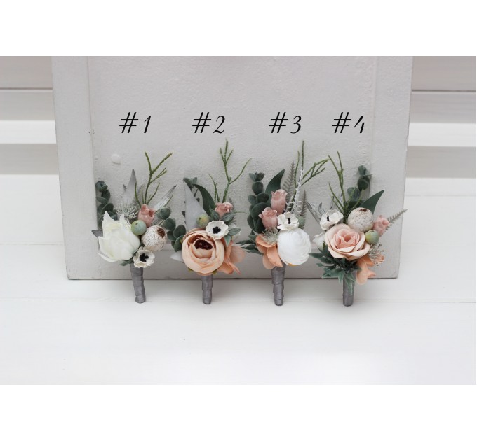 Wedding Boutonnieres & Wrist Corsage in Beige, White, Gray & Blush Pink | Faux Flower Accessories