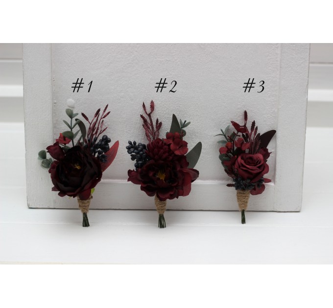 Wedding Boutonnieres & Wrist Corsage in Deep Burgundy | Faux Flower Accessories