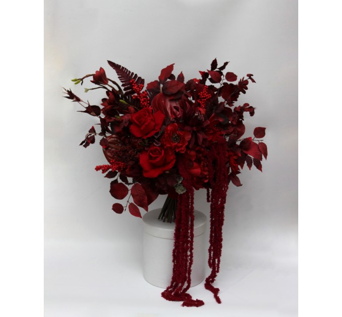 Red & Burgundy Dramatic Bridal Bouquet – Moody Faux Wedding Flowers