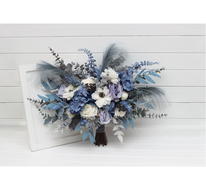 Wedding Bouquets in Dusty Blue, White, Ivory & Gray | Cascading Faux Bridal & Bridesmaid Bouquets