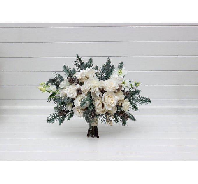 Winter Wedding Bouquets with Pine Branches in White | Faux Bridal & Bridesmaid Bouquets
