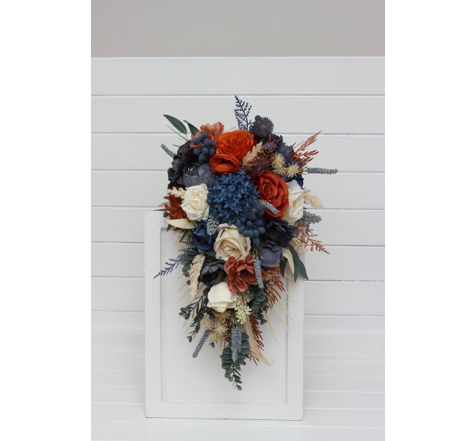 Wedding Bouquets in Rust, Blue & Ivory | Faux Bridal & Bridesmaid Bouquets