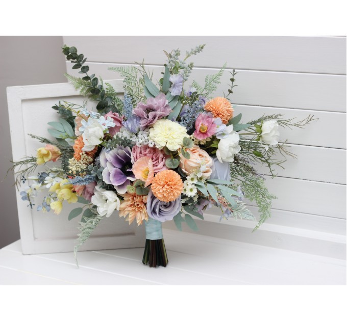 Summer & Spring Wedding Wildflower Bridal Bouquet | Peach, Purple & Dusty Blue Faux Bridesmaid Bouquets