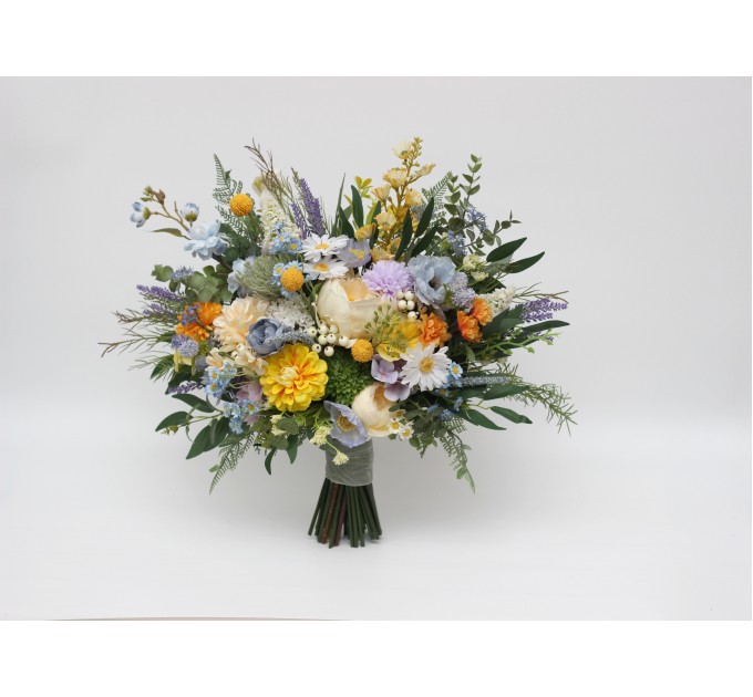 Yellow, Ivory, Dusty Blue & Lavender Bridal and Bridesmaid Bouquets