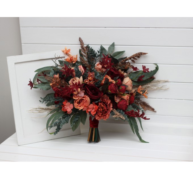 Wedding Bouquets in Deep Red & Coral | Cascading Faux Bridal & Bridesmaid Bouquets