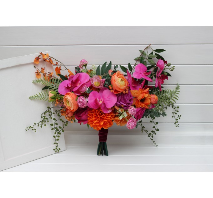 Wedding Bouquets in Bright Orange & Magenta | Cascading Faux Bridal & Bridesmaid Bouquets