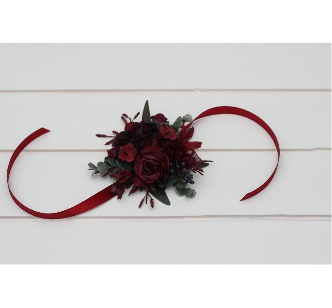 Wedding Boutonnieres & Wrist Corsage in Deep Burgundy | Faux Flower Accessories