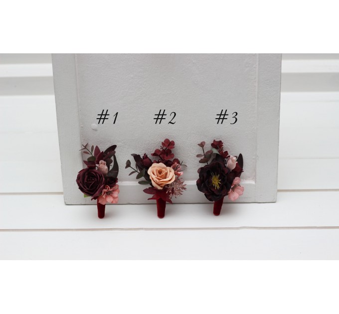Wedding boutonnieres and wrist corsage in burgundy dusty rose color scheme. Flower accessories. 5270