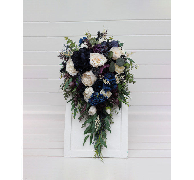 Plum, Ivory & Navy Blue Cascading Bridal and Bridesmaid Bouquets