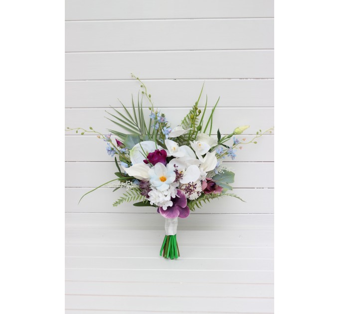 Exotic Wedding Bouquet in White, Blue & Magenta | Orchid & Calla Lily Bridal Bouquet for Beach Weddings