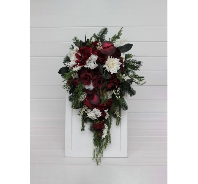 Winter Cascading Bouquet with Burgundy, Ivory Flowers and Pine