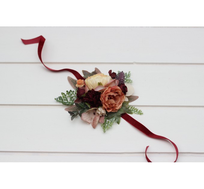 Wedding Boutonnieres & Wrist Corsage in Burgundy, Ivory & Dusty Rose | Faux Flower Accessories