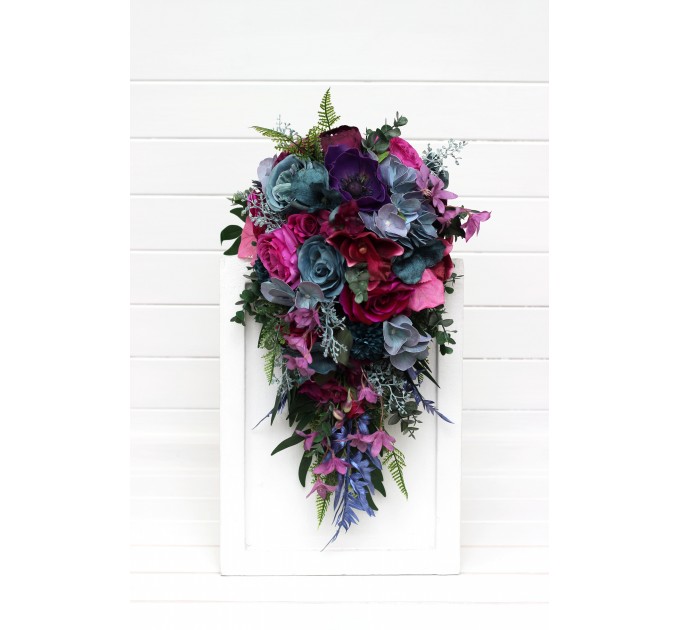 Wedding Bouquets in Teal, Magenta, Blue & Purple | Cascading Faux Bridal & Bridesmaid Bouquets