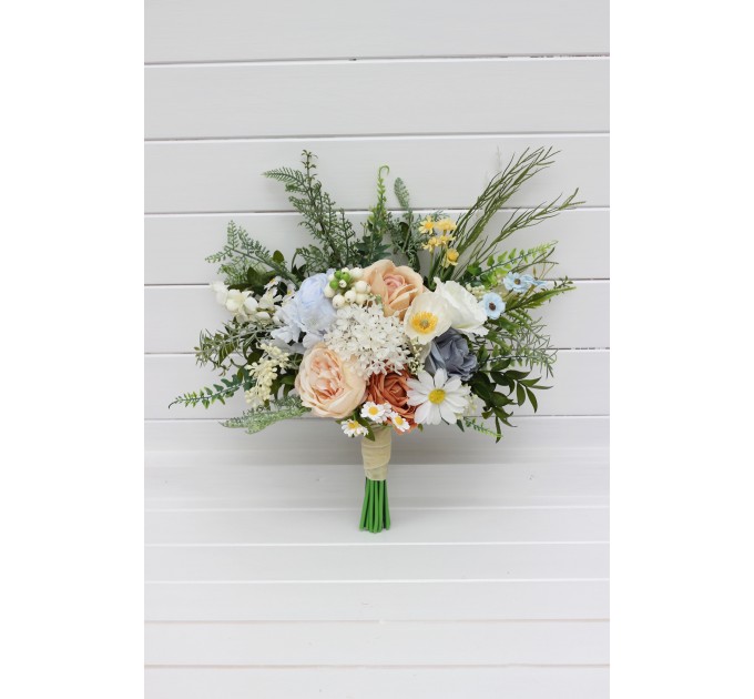 Spring & Summer Wedding Bouquets in Ivory, Yellow, Peach & Dusty Blue | Faux Cascading Bridal & Bridesmaid Wildflower Bouquets