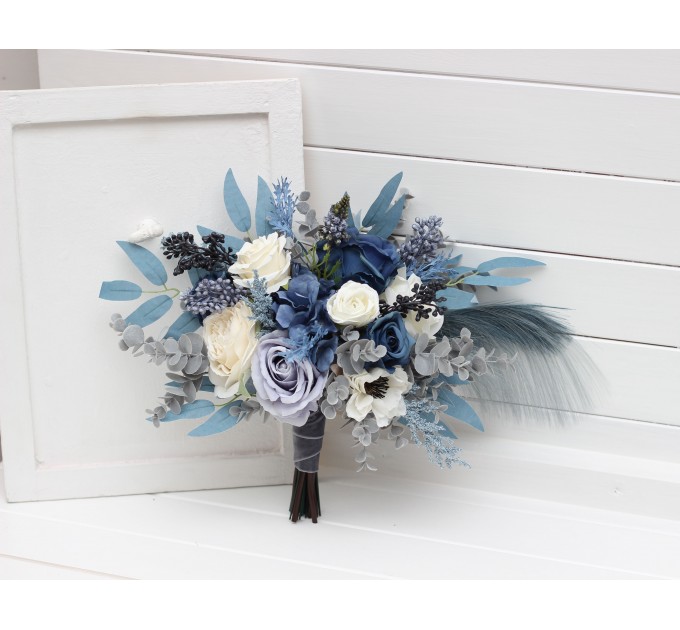 Wedding Bouquets in Dusty Blue, White, Ivory & Gray | Cascading Faux Bridal & Bridesmaid Bouquets