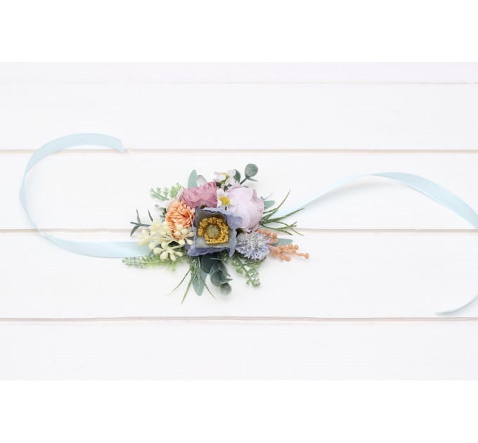 Wedding Boutonnieres & Wrist Corsage in Peach, Purple & Dusty Blue | Wildflower Faux Flower Accessories