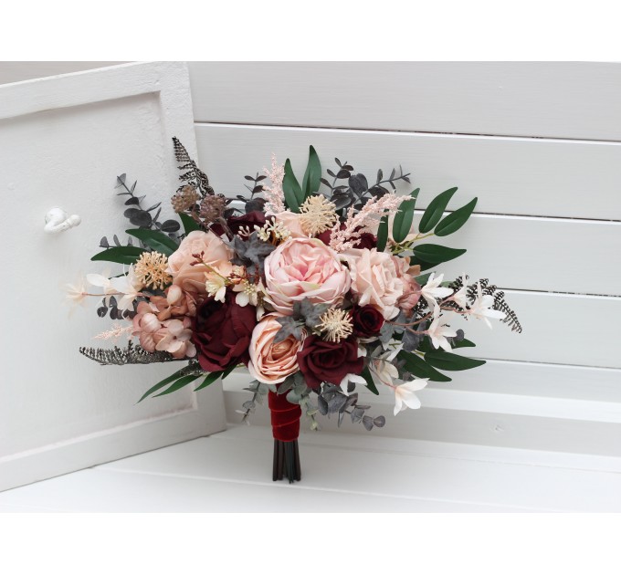 Wedding bouquets in burgundy blush pink colors. Bridal bouquet. Cascading bouquet. Faux bouquet. Bridesmaid bouquet. 5257