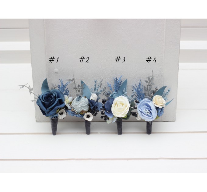 Wedding Boutonnieres & Wrist Corsage in Dusty Blue, White, Ivory & Gray | Faux Flower Accessories