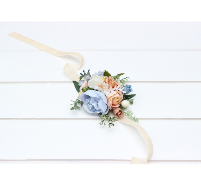  Wedding boutonnieres and wrist corsage  in ivory yellow peach dusty blue color scheme. Flower accessories. 5247