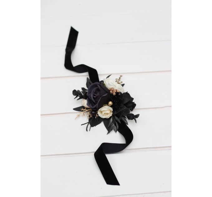 Wedding Boutonnieres & Wrist Corsage in Ivory, Black & Gold | Faux Flower Accessories