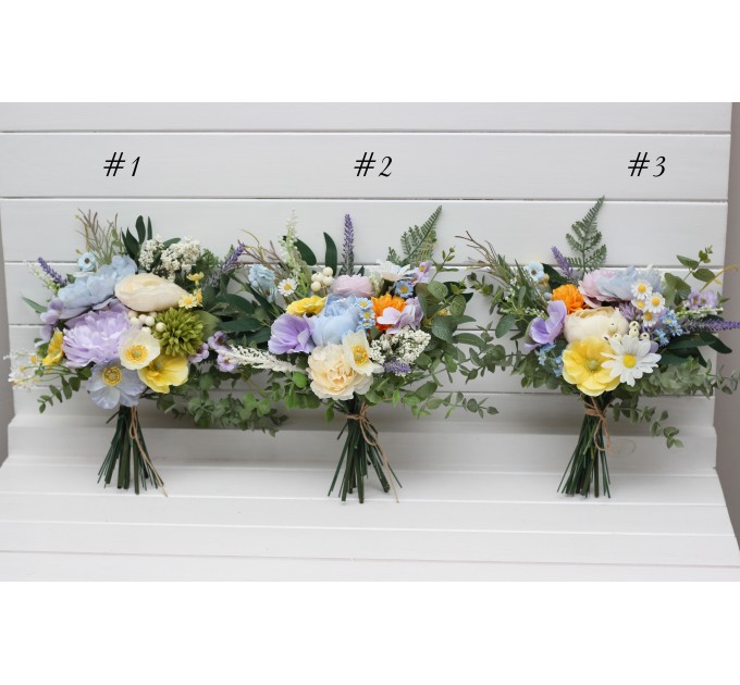 Yellow, Ivory, Dusty Blue & Lavender Wedding Table Mini Bouquets