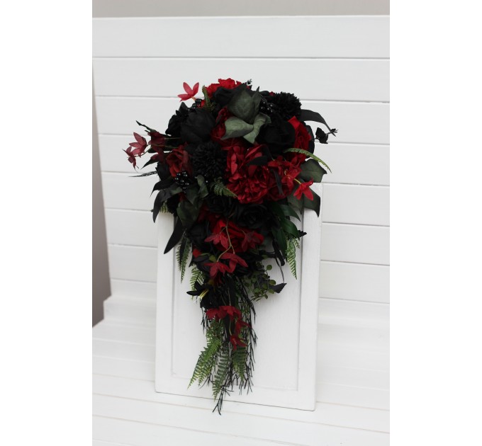 Deep Red, Black, and Forest Green Wedding Bouquets – Gothic Cascading Bridal Designs