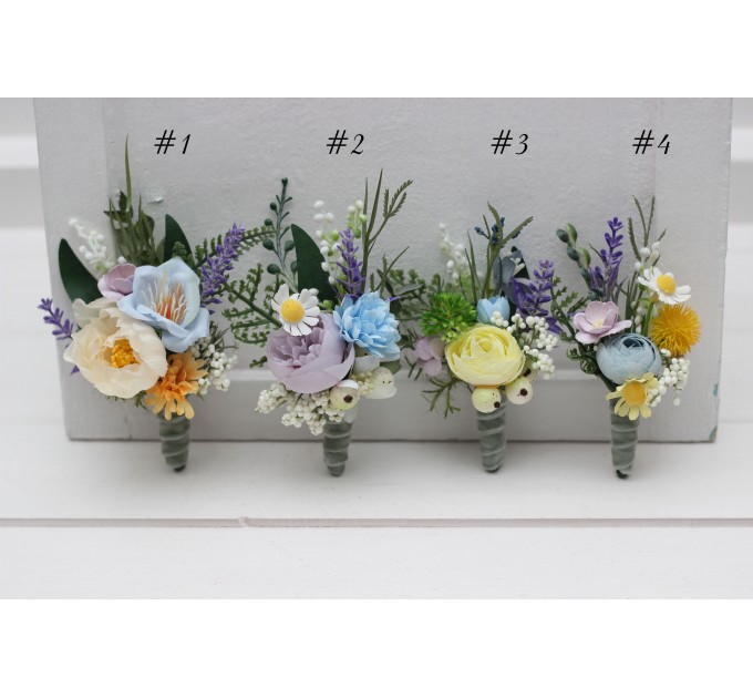 Yellow, Ivory, Dusty Blue & Lavender Wildflower Boutonnieres
