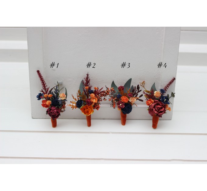 Wedding Boutonnieres & Wrist Corsage in Orange, Burgundy & Navy Blue | Faux Flower Accessories