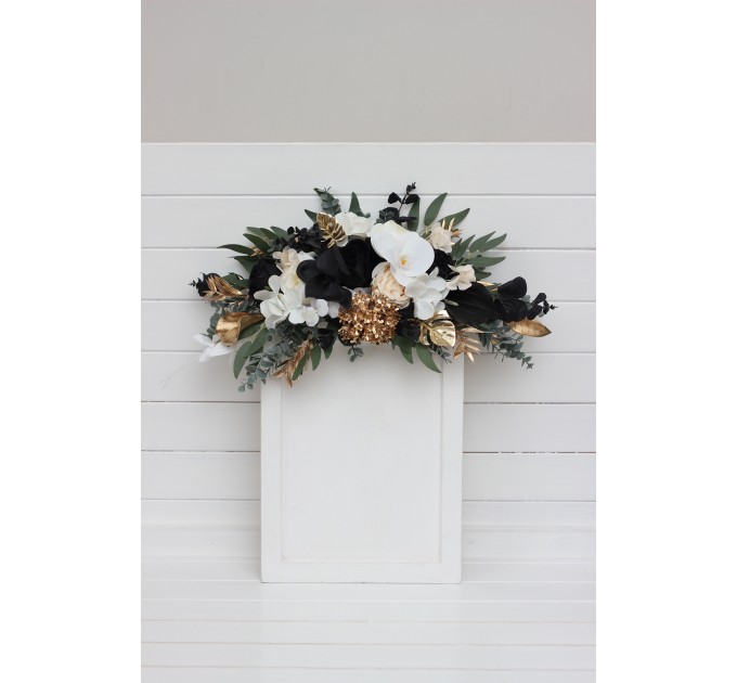 Flower Arch Arrangement in Black, Gold & White | Faux Floral Archway for Wedding