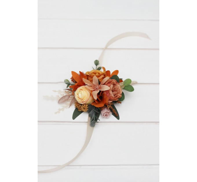 Wedding Boutonnieres & Wrist Corsage in Cinnamon, Rust & Orange | Faux Flower Accessories