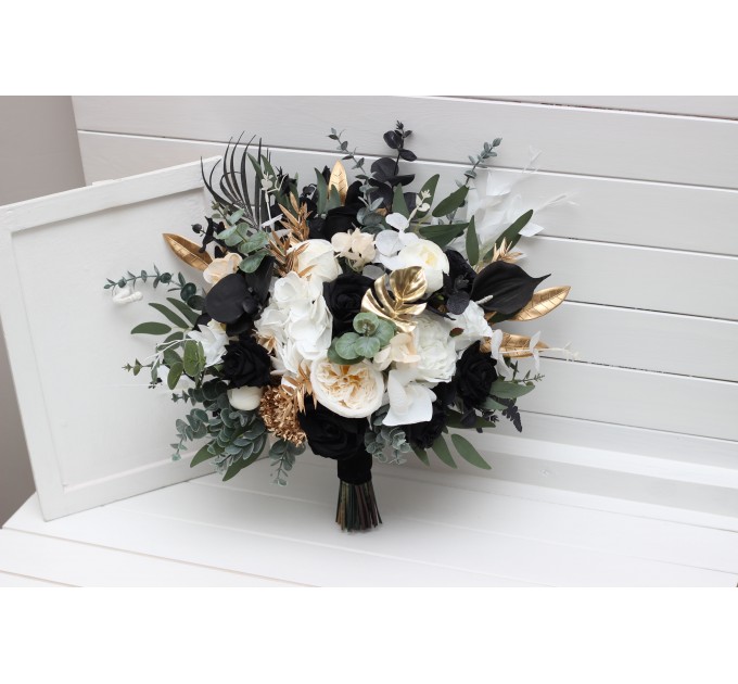 Black, Gold, and White Wedding Bouquets – Bridal and Cascading Faux Designs