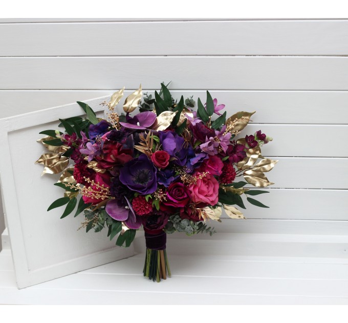 Wedding Bouquets in Purple, Magenta & Gold | Faux Bridal & Bridesmaid Bouquets
