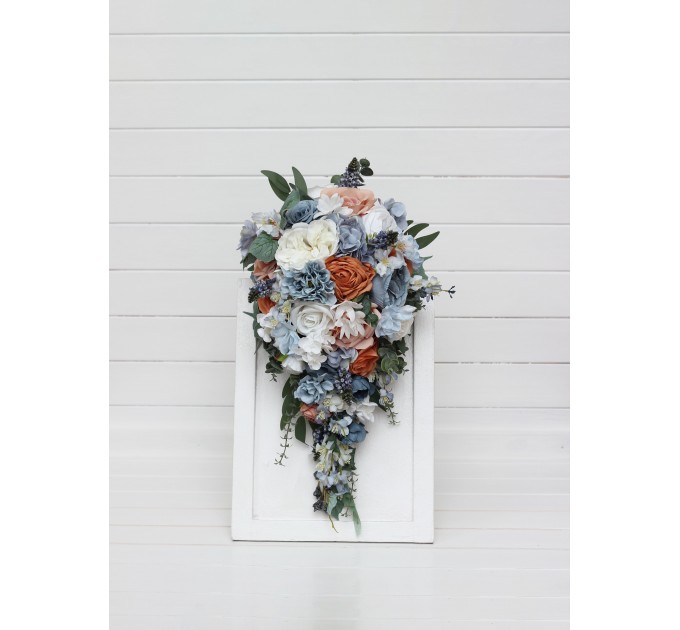 Spring & Summer Wedding Bouquets in White, Terracotta & Dusty Blue | Faux Bridal & Bridesmaid Cascading Bouquets