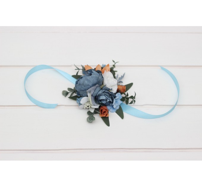 Wedding Boutonnieres & Wrist Corsage in White, Terracotta & Dusty Blue | Faux Flower Accessories