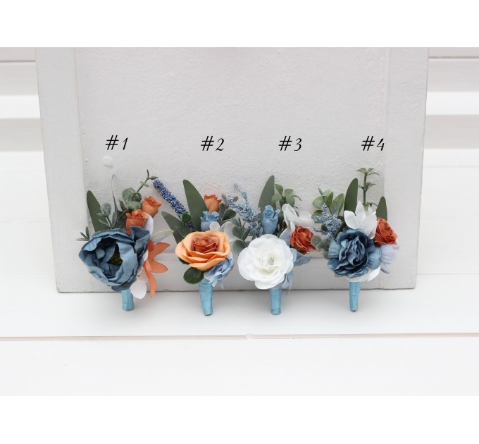 Wedding Boutonnieres & Wrist Corsage in White, Terracotta & Dusty Blue | Faux Flower Accessories