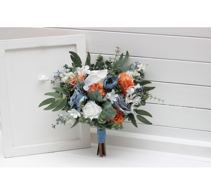 Spring & Summer Wedding Bouquets in White, Terracotta & Dusty Blue | Faux Bridal & Bridesmaid Cascading Bouquets