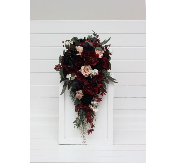 Burgundy, Black, Green, Beige, and Ivory Cascading Wedding Bouquets – Fall & Gothic Bridal Designs