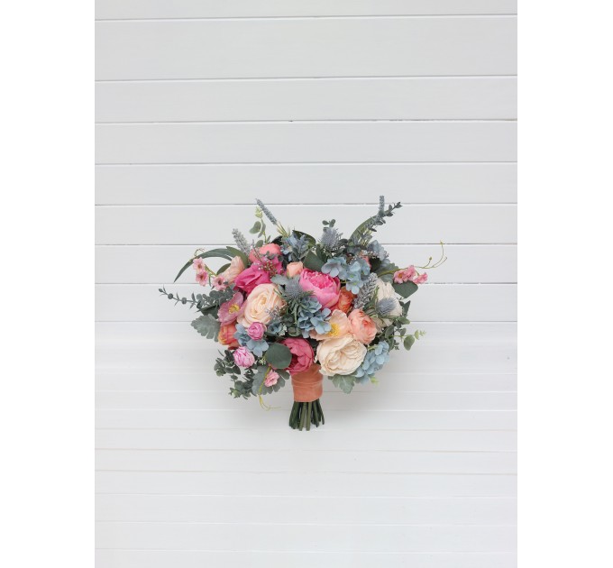 Spring & Summer Wedding Bouquets in Magenta, Peach, Coral & Dusty Blue | Faux Bridal & Bridesmaid Bouquets