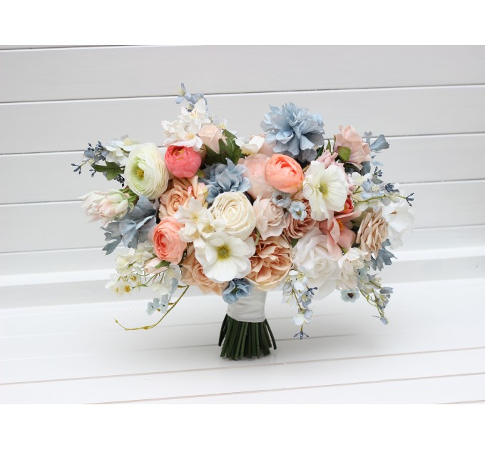 Spring & Summer Wedding Bouquets in White, Beige, Peach & Dusty Blue | Faux Bridal & Bridesmaid Daisy Bouquets