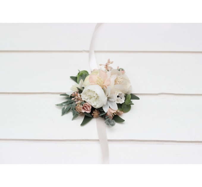 Wedding Boutonnieres & Wrist Corsage in Blush Pink & White | Faux Flower Accessories
