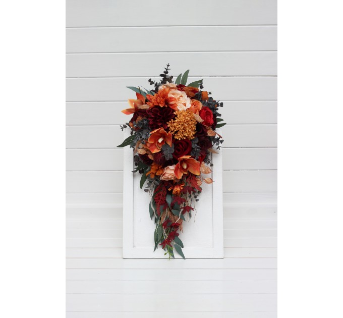 Wedding Bouquets in Burnt Orange, Red & Burgundy | Cascading Bridal & Bridesmaid Faux Bouquets