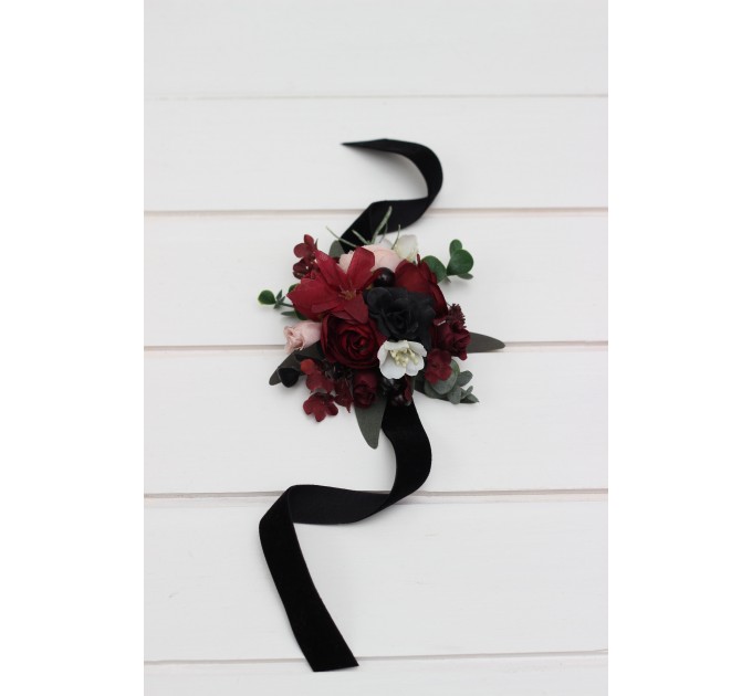 Wedding Boutonnieres & Wrist Corsage in Burgundy, Black, Green, Beige & Ivory | Faux Flower Accessories