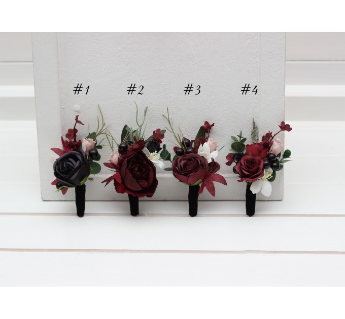Wedding Boutonnieres & Wrist Corsage in Burgundy, Black, Green, Beige & Ivory | Faux Flower Accessories