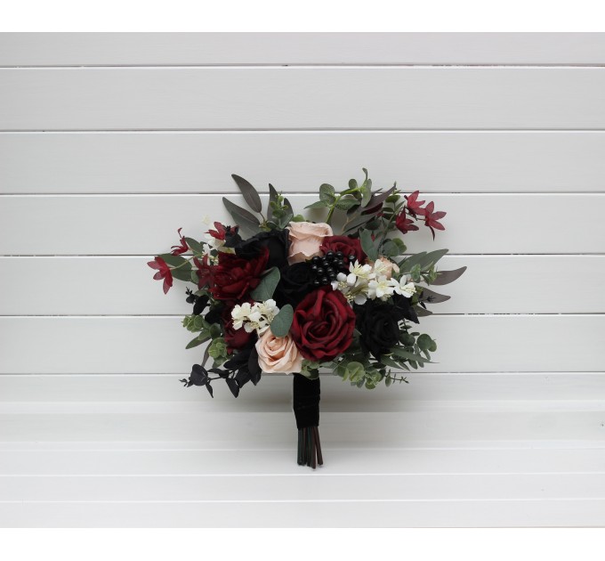 Burgundy, Black, Green, Beige, and Ivory Cascading Wedding Bouquets – Fall & Gothic Bridal Designs